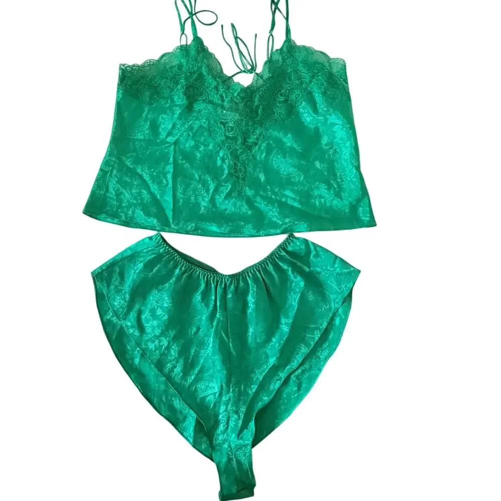 Vintage Victoria Secret Gold Label Green Satin Lace Lingerie Set S